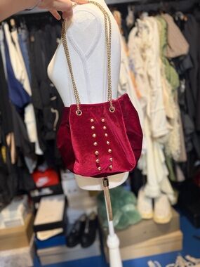 Velvet Stud-Accent Chain Shoulder Bag in Burgundy